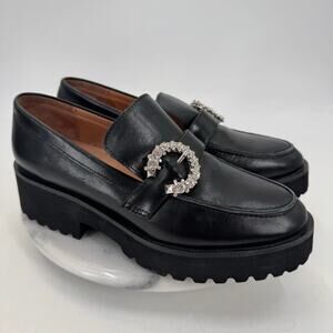 All Black Chunky Lug Sole Leather Loafer Rhinestone Buckle Flats